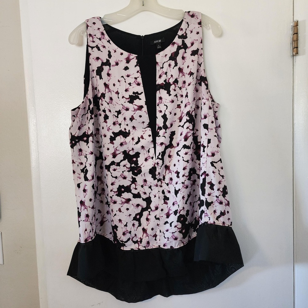 XL long sleeveless tunic with purple flowers and black edging, summer top